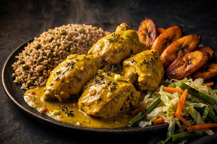 Jamaican curry chicken with rice, fried plantains and steamed cabbage