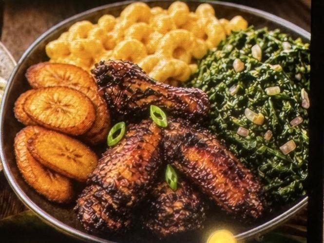 Jerk chicken with plantains, mac and cheese and seasoned greens